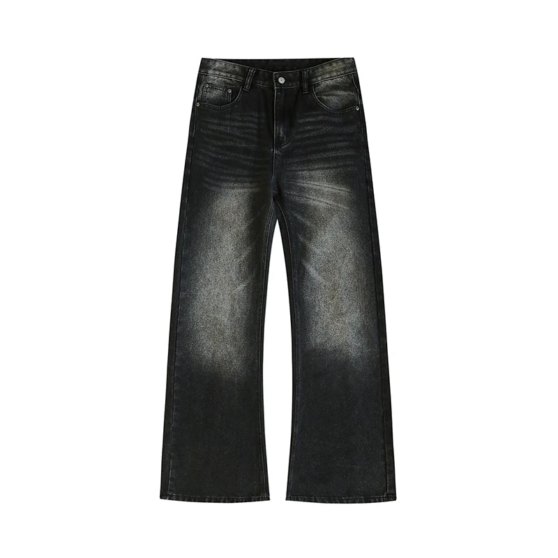 Black distressed jeans on a white background