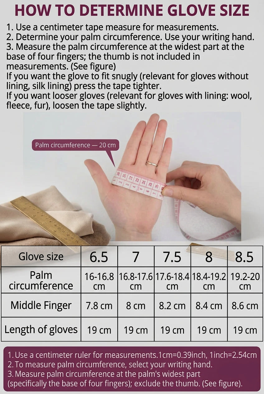 Instructions on how to measure glove size using a centimeter ruler, with a hand holding the ruler.