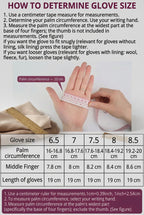 Instructions on how to measure glove size using a centimeter ruler, with a hand holding the ruler.
