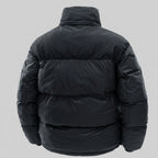 Black puffer jacket shown from the back, featuring horizontal quilting, a high stand-up collar, and a smooth matte finish on a white background.