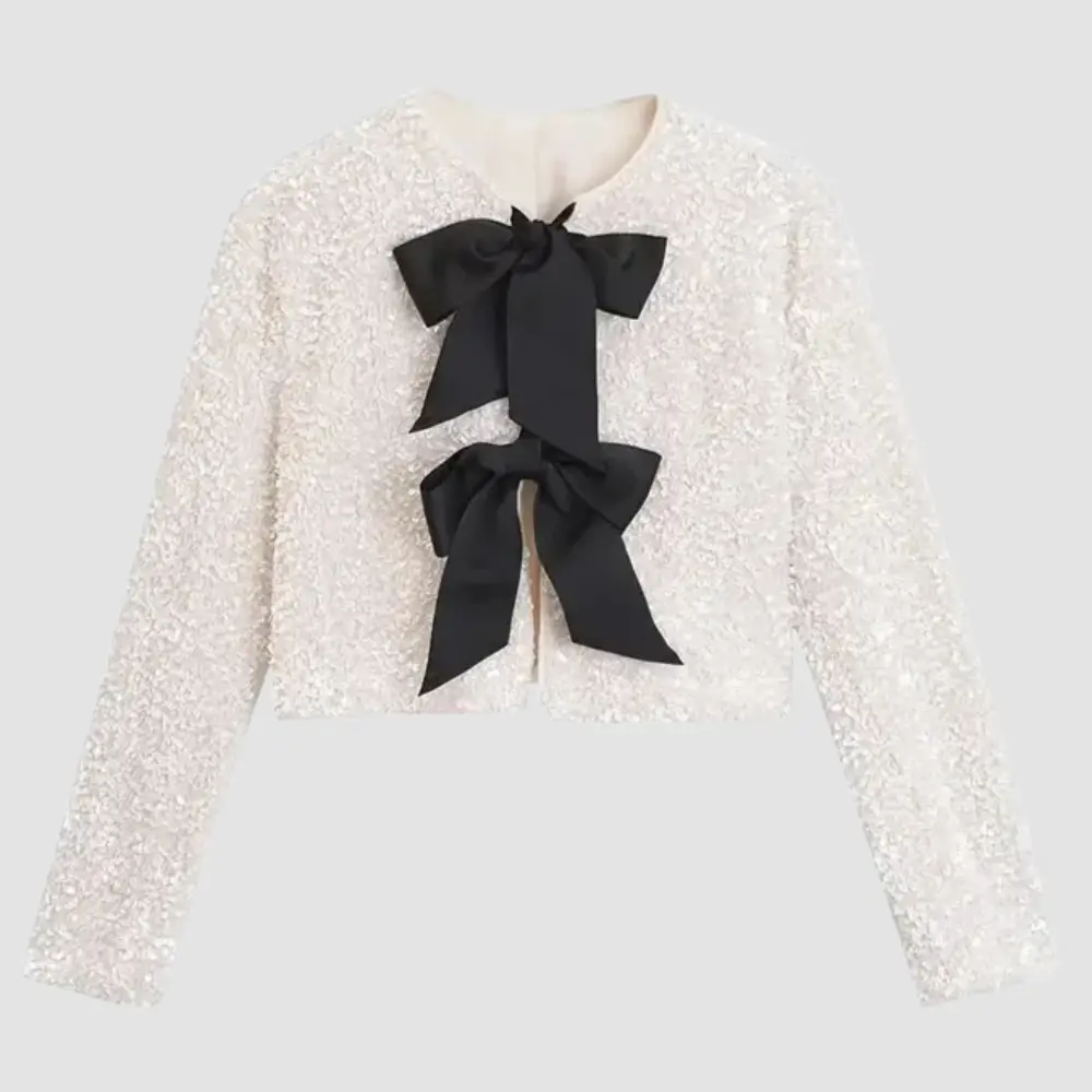 Women's Lucille Sequin Bow Blazer | Cropped Festive Party Jacket
