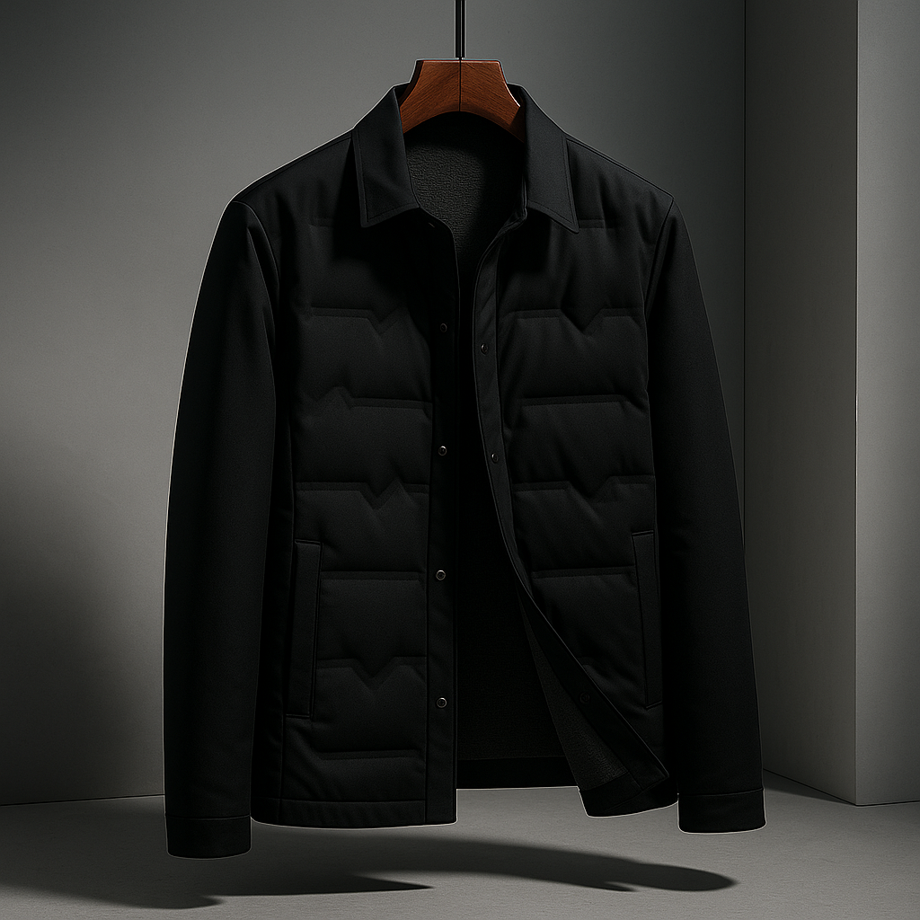 A black men's quilted jacket with a collar and snap-button front, hanging on a wooden hanger against a dark gray studio background.