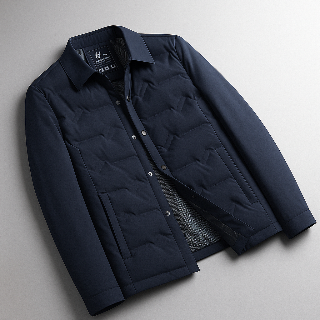 A dark navy blue quilted jacket with a button-up front, laid flat on a light gray background.