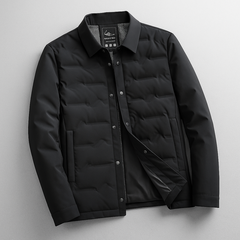 A black men's quilted puffer jacket with a button-up front, collar, and zippered hand pocket, shown against a neutral gray background.