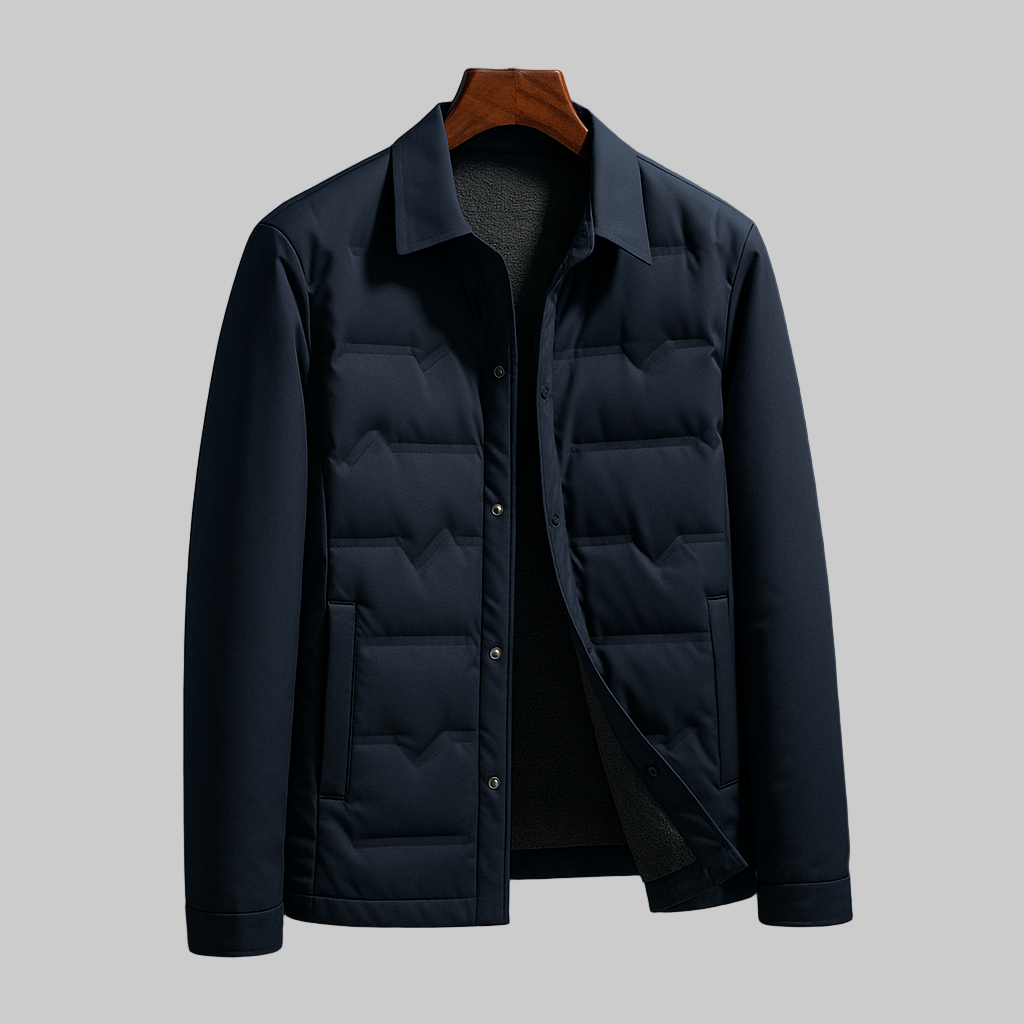 A men's dark navy quilted puffer jacket with a collar and snap-button front, displayed on a wooden hanger against a solid gray background.