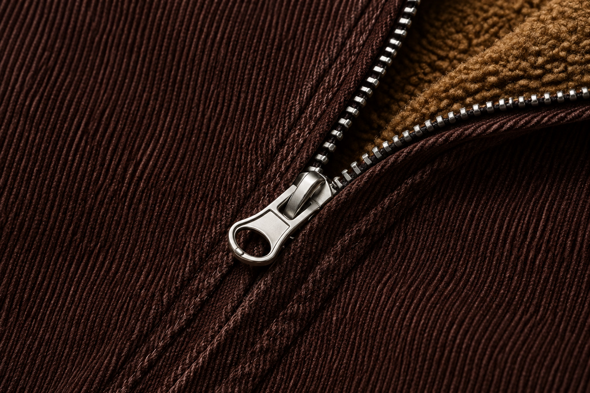 Close-up of a brown jacket zipper with a metal zipper pull.