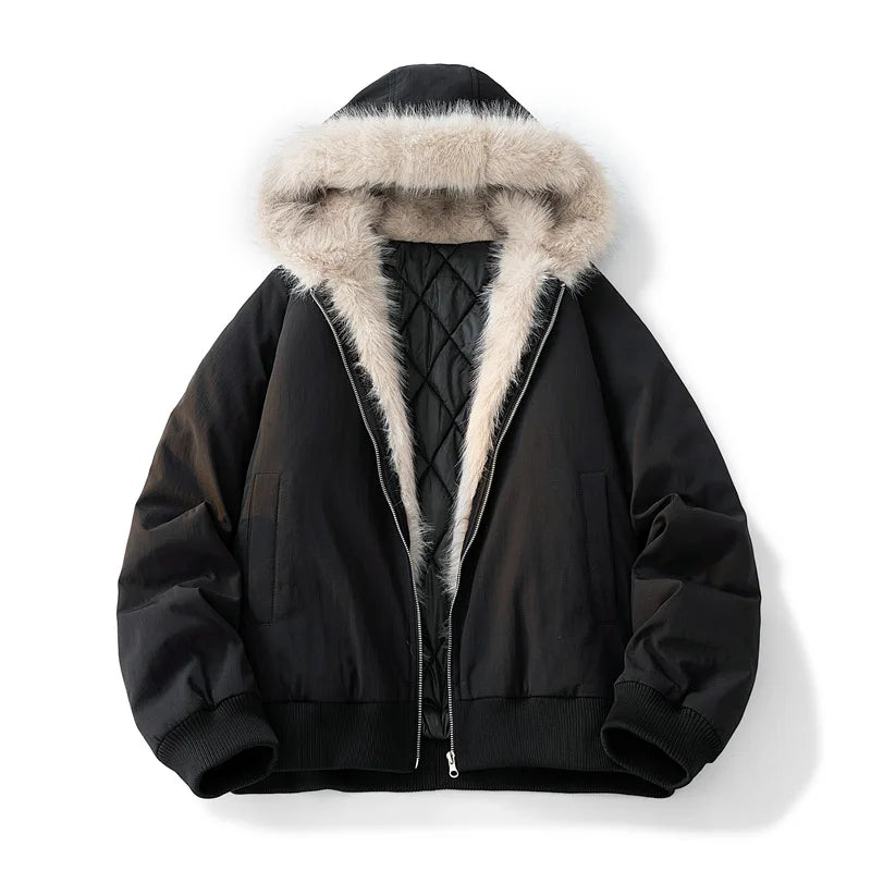 Black jacket with fur-lined hood on a white background
