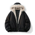 Black jacket with fur-lined hood on a white background