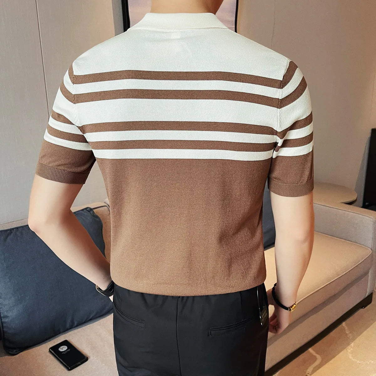 Men's Cashmere Wool Knit V-Neck Polo – Breathable Sleeve