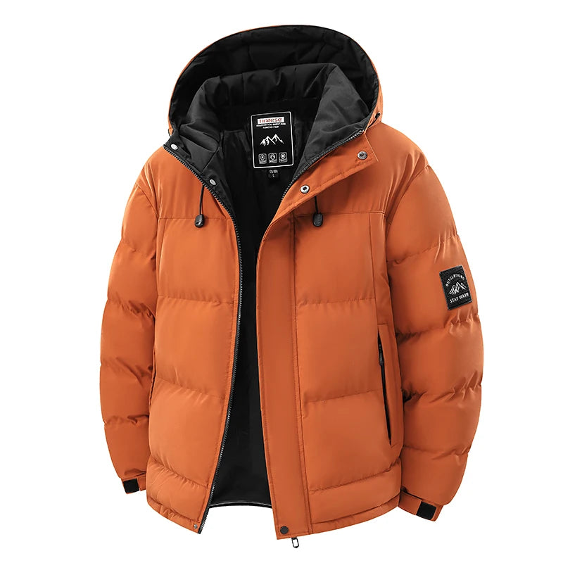 Orange puffer jacket with black interior on a white background