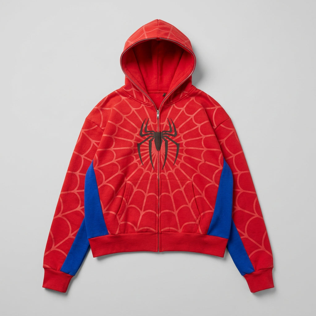 Red hoodie with spider web pattern and blue sleeves on a concrete floor