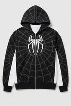Person wearing a black hoodie with a white spider emblem in an indoor setting