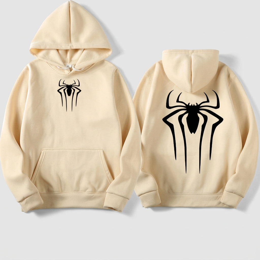 A beige pullover hoodie shown from both front and back. The front features a small black spider logo on the left chest, and the back features a large matching black spider logo.