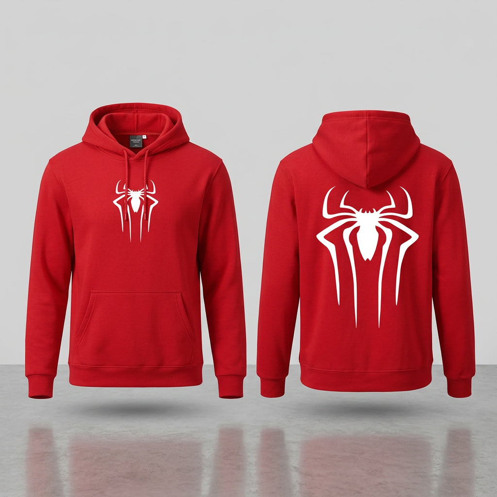 Red hoodie with white spider logo on front and back