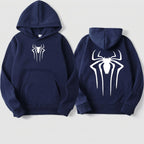 Navy blue hoodie with white spider logo on front and back
