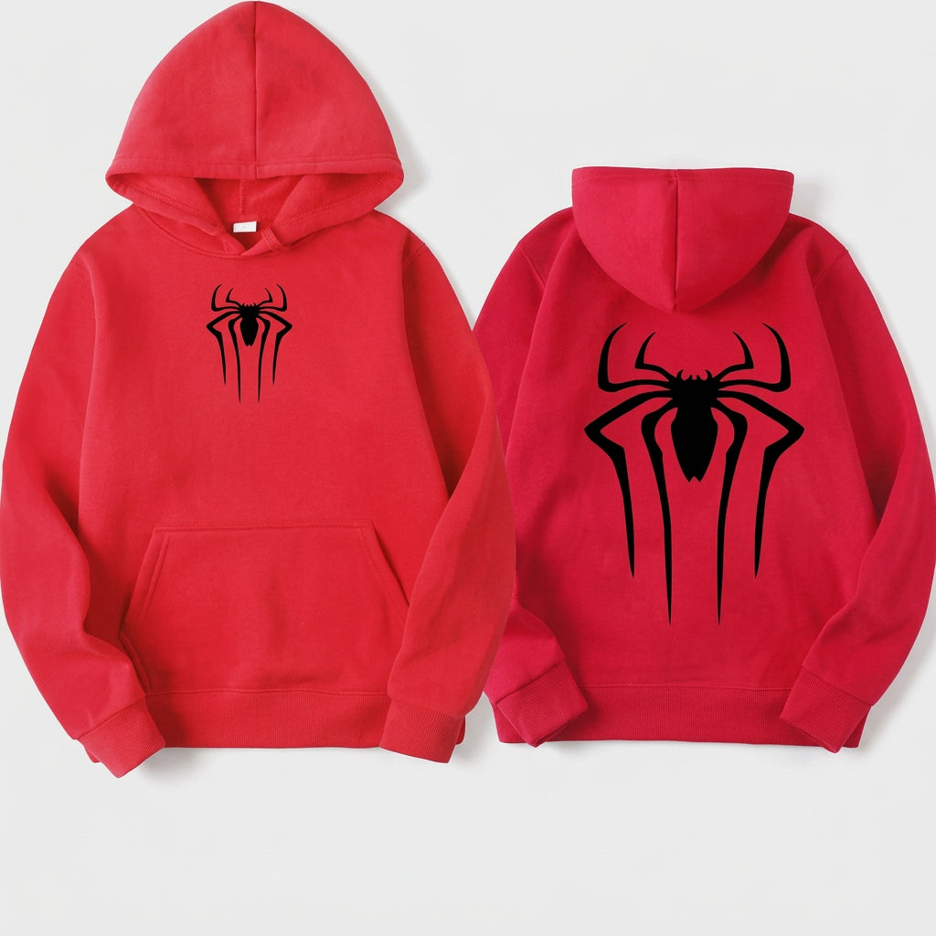 Red hoodie with black spider logo on front and back
