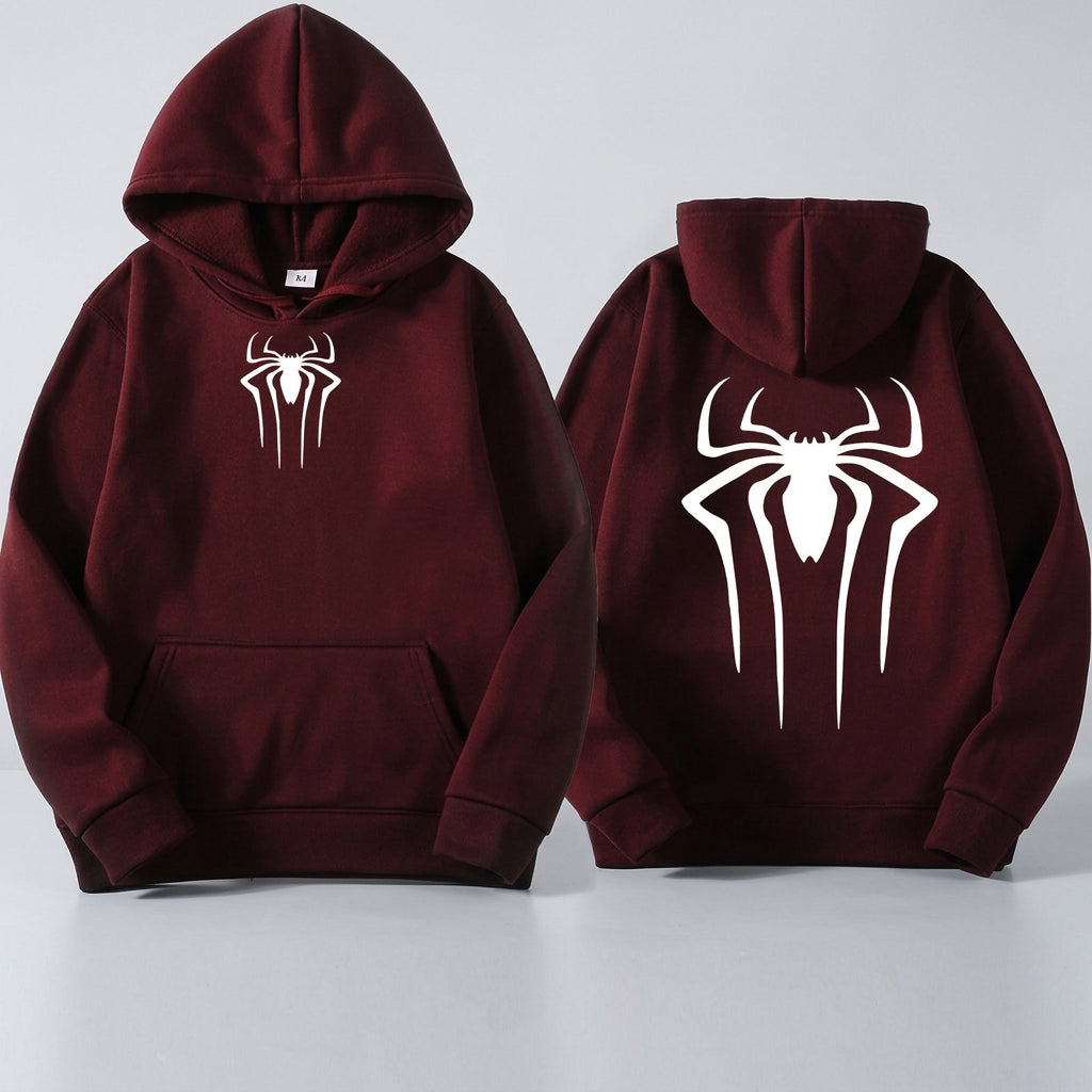Maroon hoodie with white spider logo on front and back