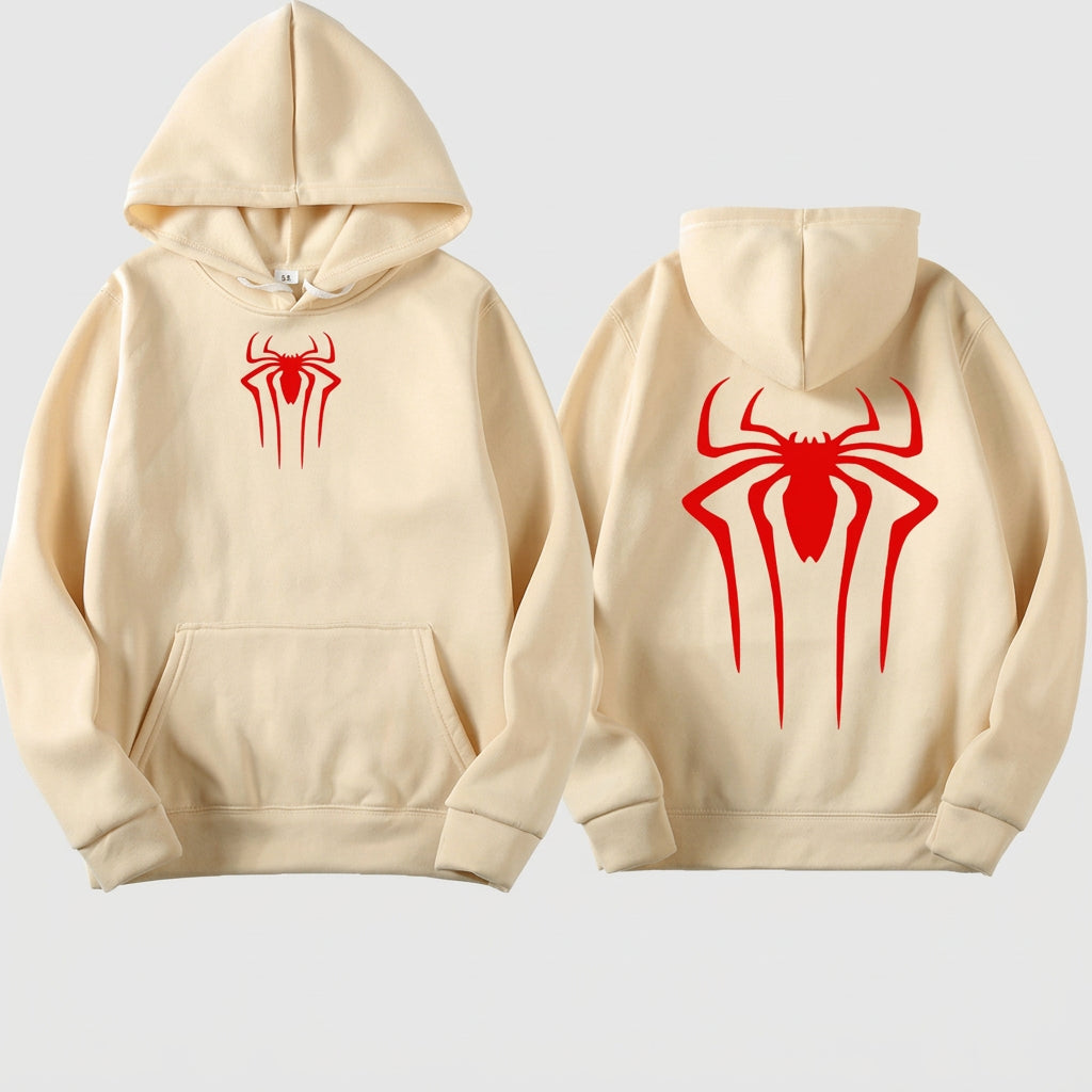 Beige hoodie with red spider logo on front and back