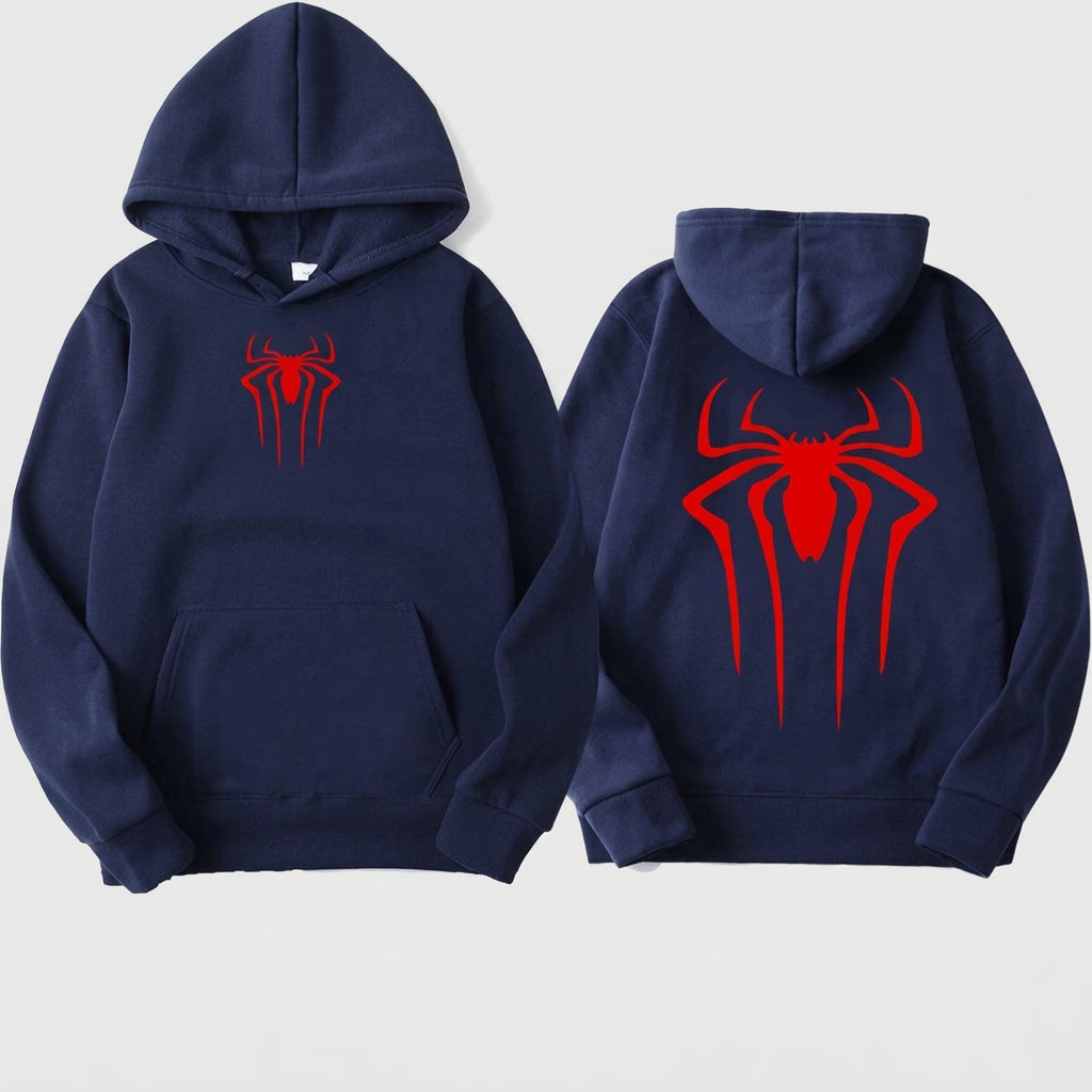 Navy blue hoodie with red spider logo on front and back