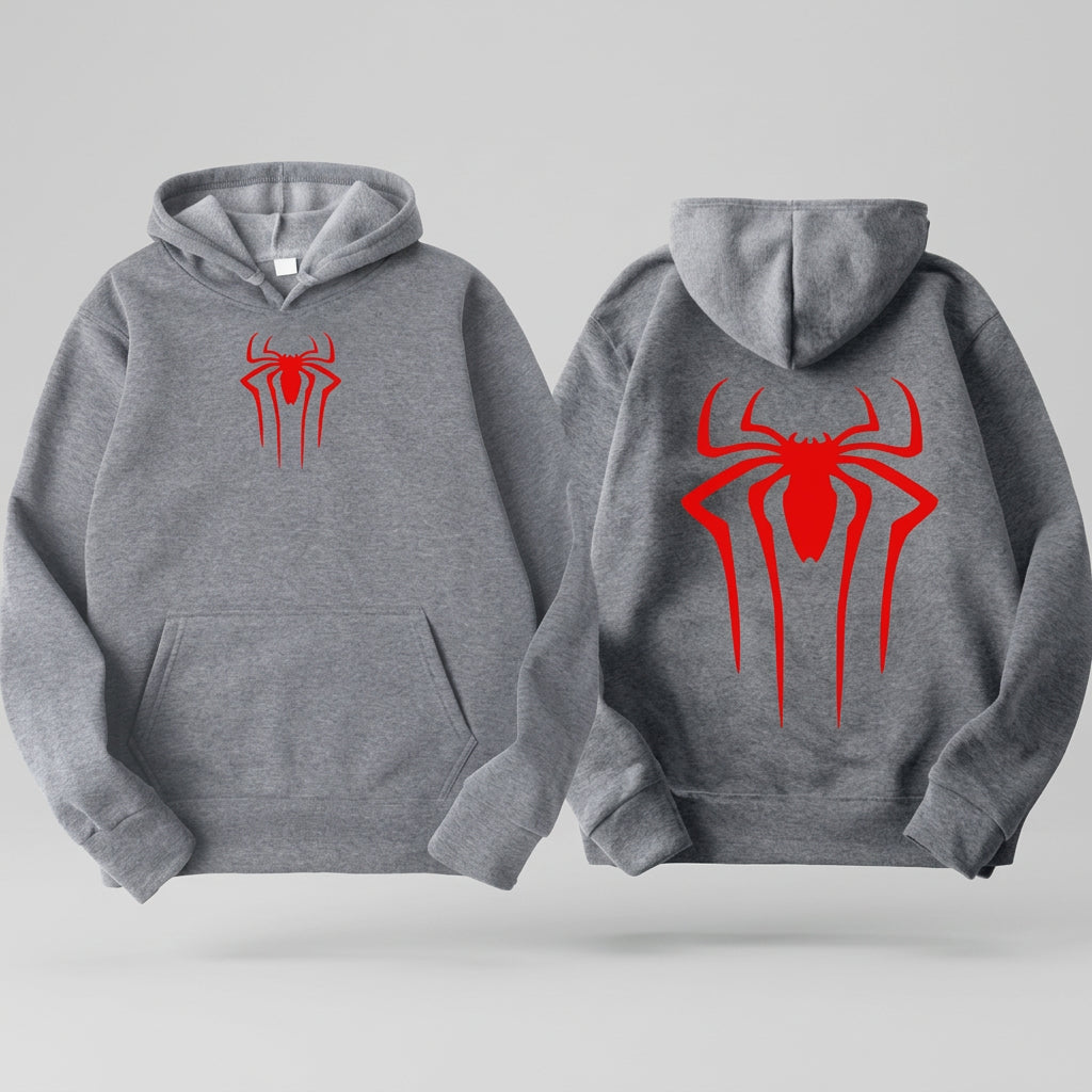 Gray hoodie with red spider logo on front and back
