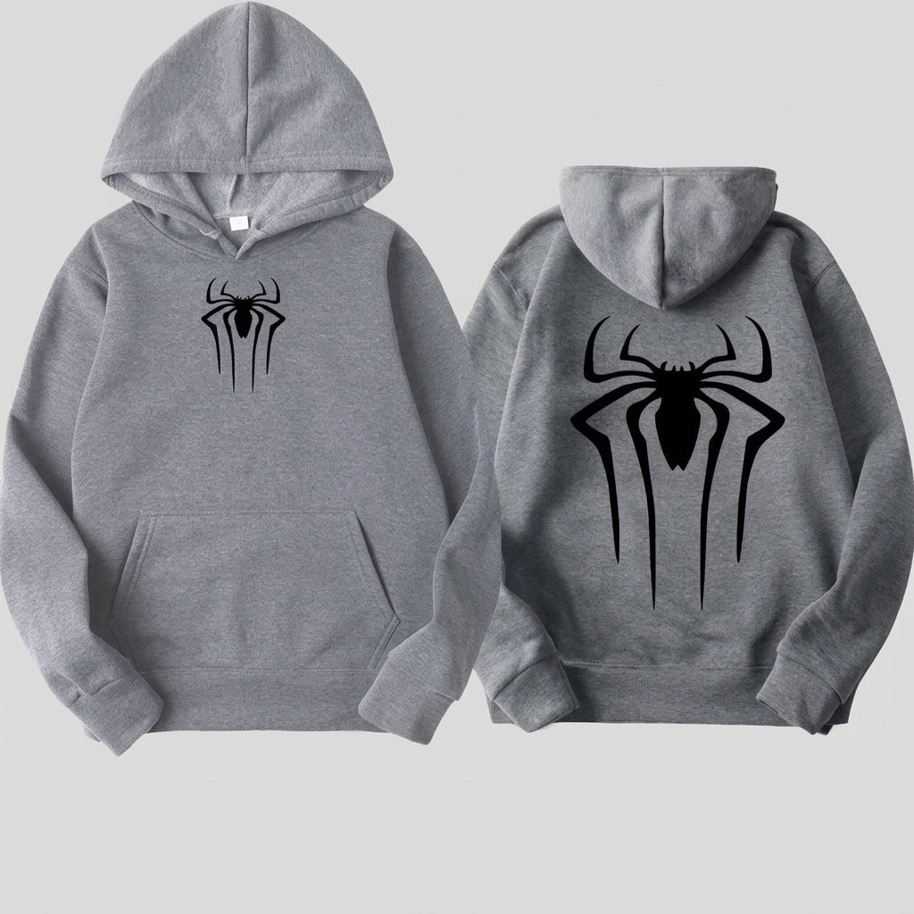 Gray hoodie with black spider logo on front and back