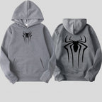 Gray hoodie with black spider logo on front and back