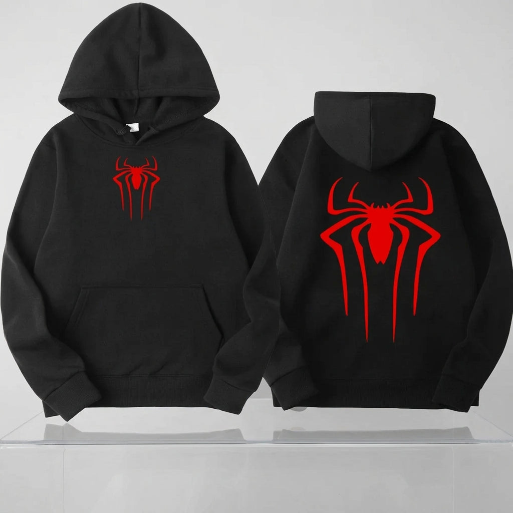 Black hoodie with red spider logo on front and back