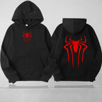 Black hoodie with red spider logo on front and back