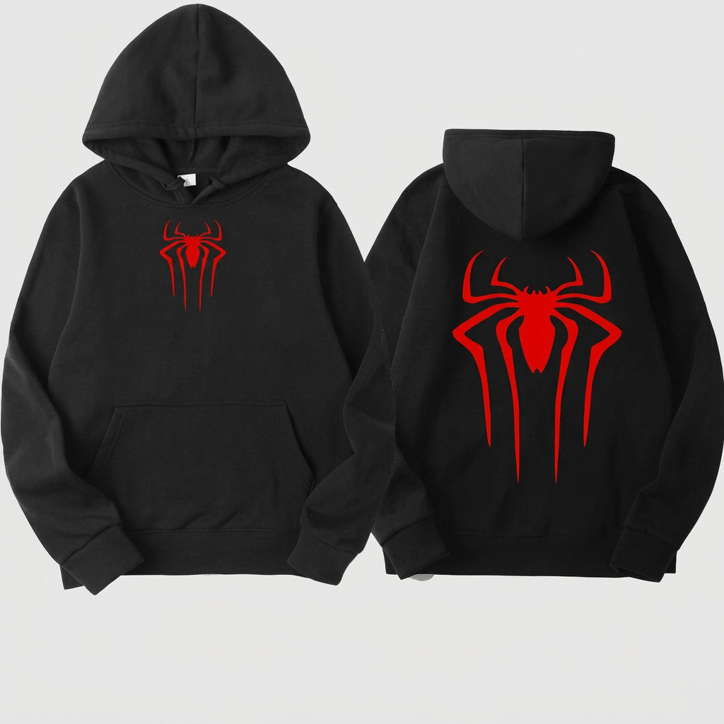 Black hoodie with red spider logo on front and back