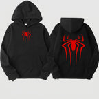 Black hoodie with red spider logo on front and back