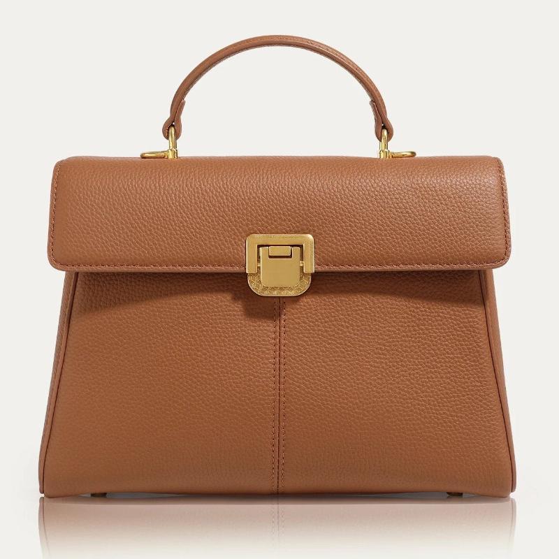 Brown leather handbag with gold clasp on a light beige background