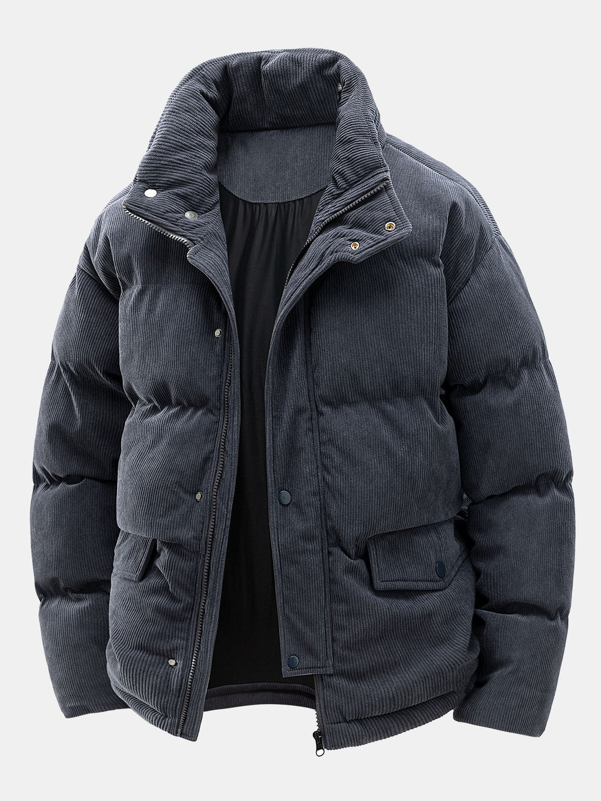 Dark gray puffer jacket on a light gray background