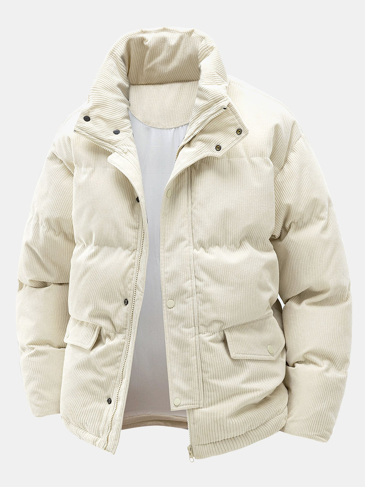 Beige winter jacket with a hood on a light gray background