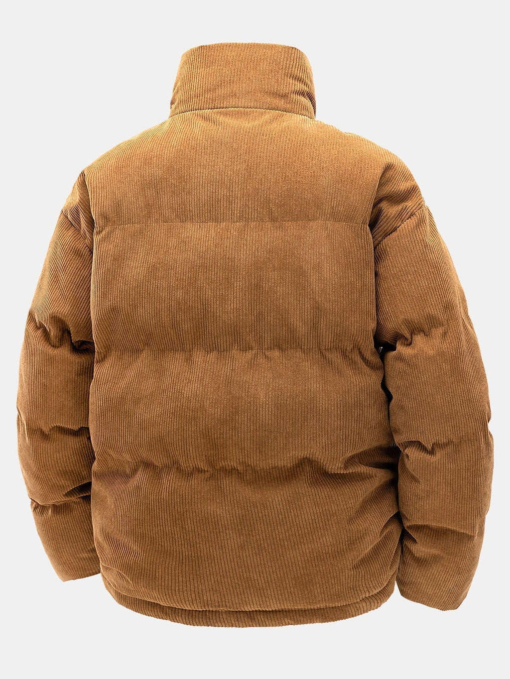 Brown corduroy puffer jacket on a white background