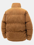 Brown corduroy puffer jacket on a white background