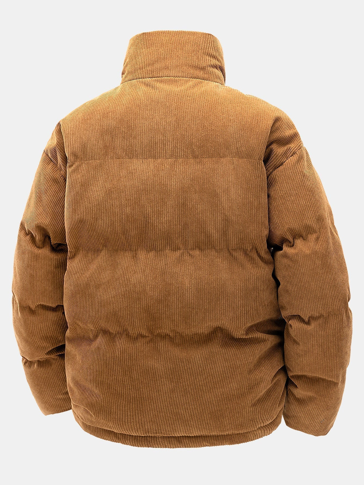 Brown corduroy puffer jacket on a white background