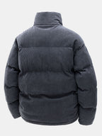 Dark gray puffer jacket on a white background