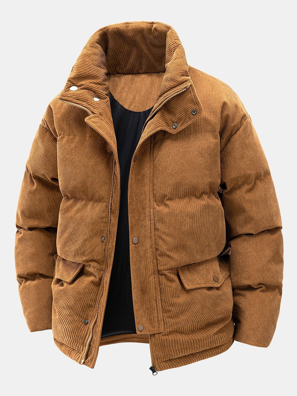 Brown corduroy puffer jacket on a light gray background