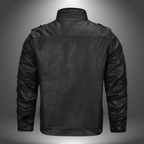Black leather jacket shown from the back on a gray background