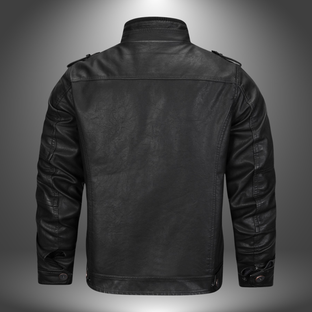 Black leather jacket shown from the back on a gray background