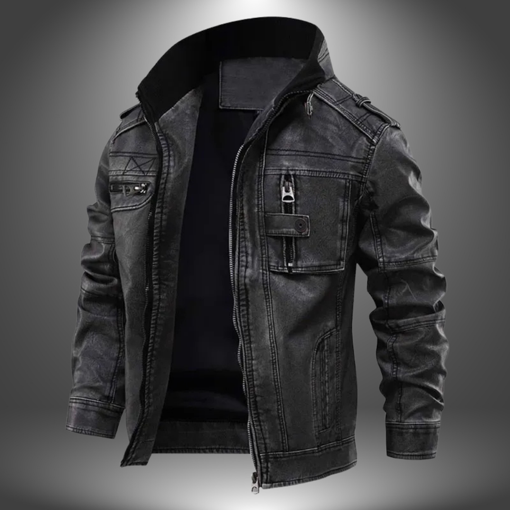 Black leather jacket with multiple pockets on a gray background