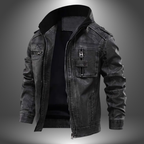 Black leather jacket with multiple pockets on a gray background