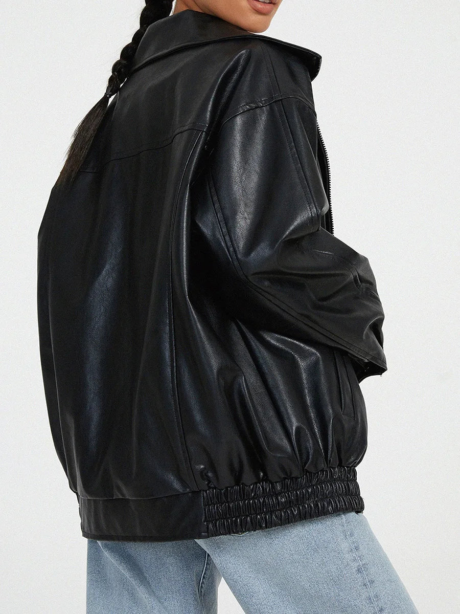Women's Brown Vegan Leather Bomber Jacket | Chic Outerwear