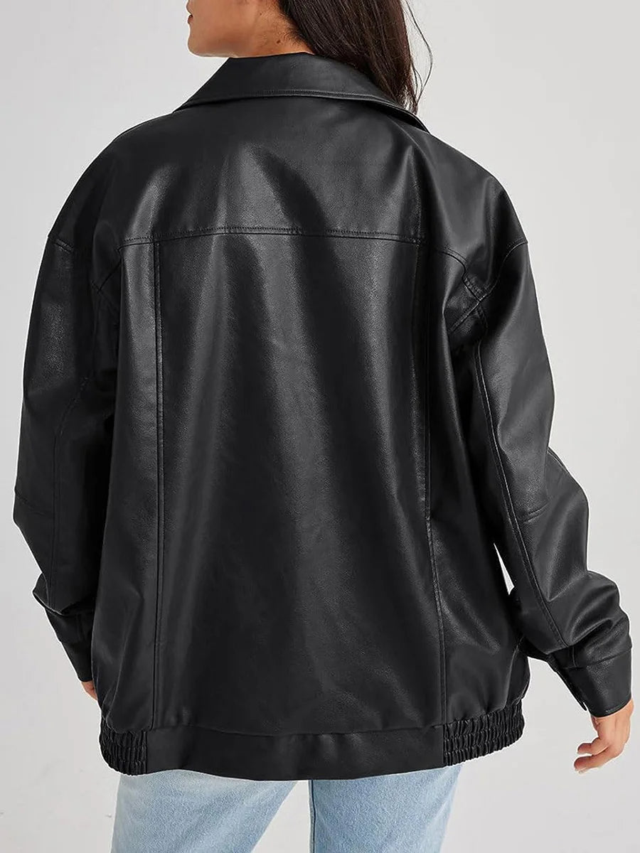 Women's Brown Vegan Leather Bomber Jacket | Chic Outerwear