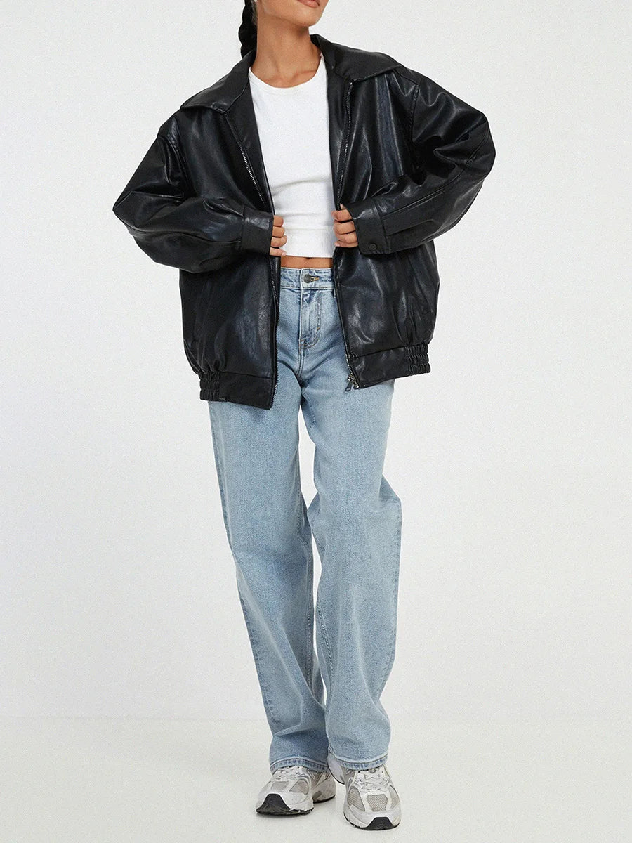 Women's Brown Vegan Leather Bomber Jacket | Chic Outerwear