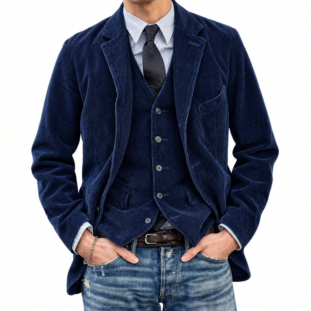 Man wearing a dark blue corduroy jacket over a vest and shirt with jeans on a light gray background