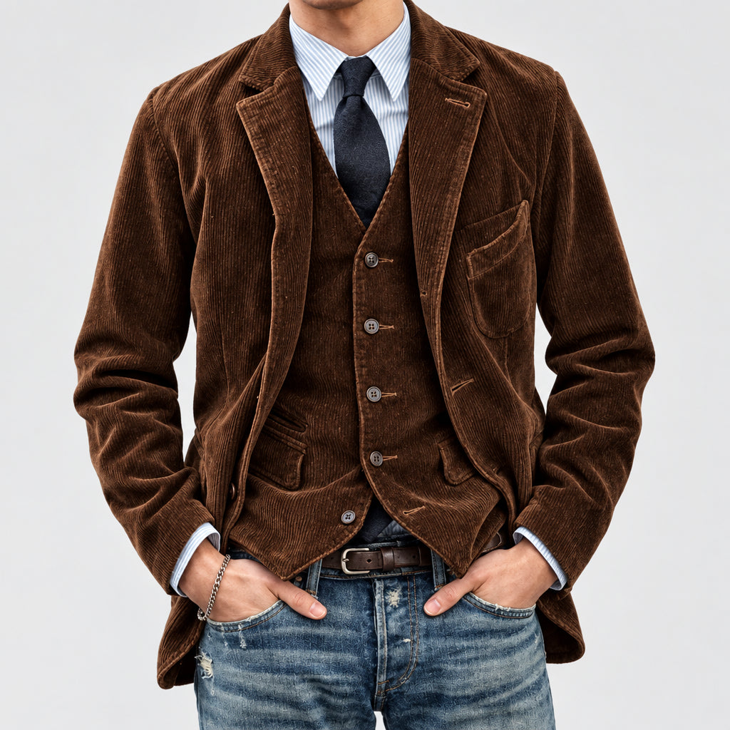 Man wearing a brown corduroy jacket over a vest and shirt with blue jeans on a light gray background