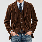 Man wearing a brown corduroy jacket over a vest and shirt with blue jeans on a light gray background