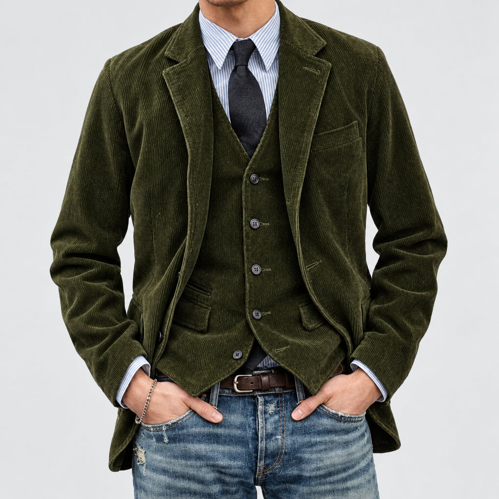 Man wearing a green corduroy jacket over a vest and shirt with a tie, on a plain background.