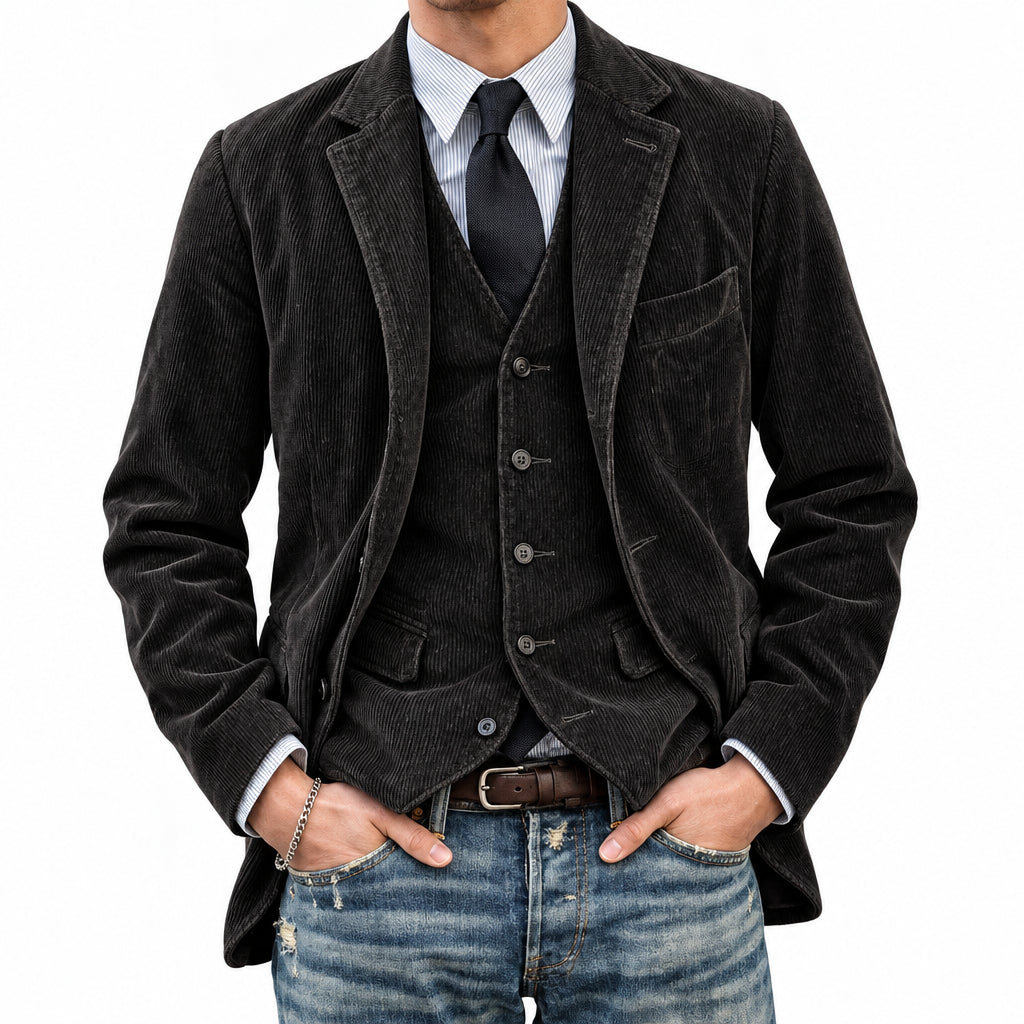 Man wearing a dark gray jacket over a vest and shirt with jeans on a light gray background